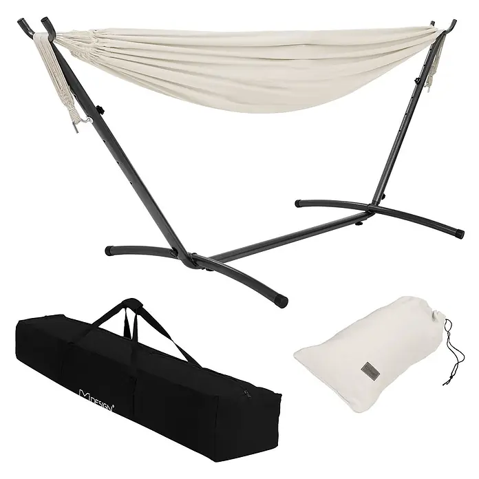 ML-Design Hängematte XXL Hängesessel Beige mit Tragetasche und Ständer für Garten/Balkon - L x B: 255 x 99 cm, Stahl, Beige, Passend für: Erholung, Lesen, Entspannen - Cremefarbene Stoffhängematte mit dunklem Metallgestell, schwarzer Tragetasche und kleinem cremefarbenen Beutel für Mobilität.