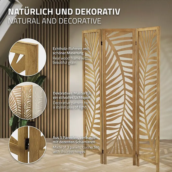 ML-Design Sichtschutzelement Raumtrenner 3-tlg Fukuoka Natur Holz freistehend Trennwand - Holz, Braun - Ein dreiteiliger Raumteiler aus Echtholz mit natürlicher Maserung und dekorativem Blättermuster, verbunden mit dezenten Scharnieren.
