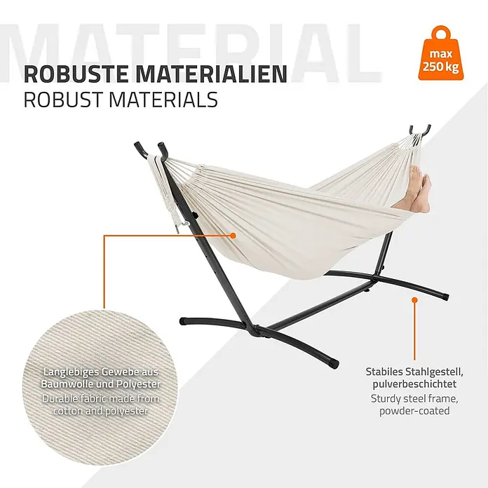 ML-Design Hängematte XXL Hängesessel Beige mit Tragetasche und Ständer für Garten/Balkon - L x B: 255 x 99 cm, Stahl, Beige, Passend für: Erholung, Lesen, Entspannen - Cremefarbene Stoffhängematte auf schwarzem Stahlgestell mit entspannten Füßen, hervorhebend robuste Materialien und 250 kg Tragkraft.