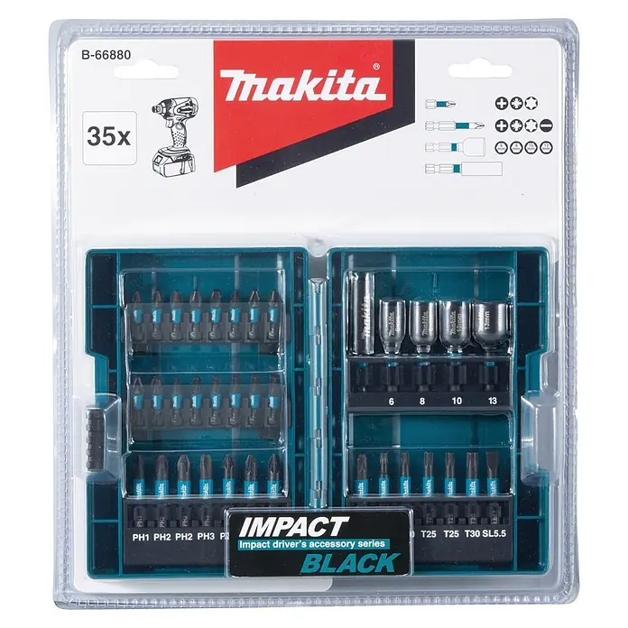 Makita Bit-Set Impact Black B-66880 - 35 -tlg. - Ein Makita Impact Black 35-teiliges Zubehörset mit verschiedenen Schrauberbits (Kreuzschlitz, Torx, Schlitz) und Steckschlüsseln in einer transparenten Hülle.