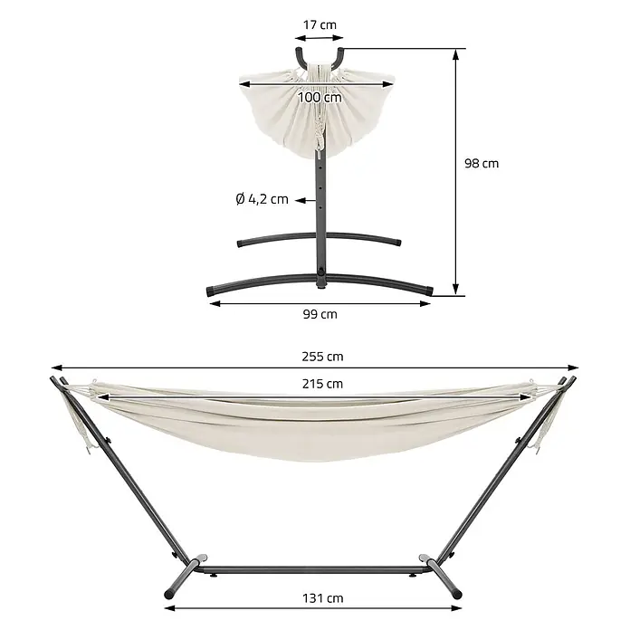 ML-Design Hängematte XXL Hängesessel Beige mit Tragetasche und Ständer für Garten/Balkon - L x B: 255 x 99 cm, Stahl, Beige, Passend für: Erholung, Lesen, Entspannen - Beigefarbene Babyhängematte mit dunkelgrauem Metallständer, zeigt diverse Maße für Höhe, Breite und Länge.