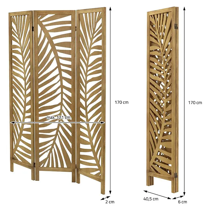 ML-Design Sichtschutzelement Raumtrenner 3-tlg Fukuoka Natur Holz freistehend Trennwand - Holz, Braun - Holz-Paravent mit dekorativem Blattmuster, dreiflügelig, mit detaillierten Maßen.