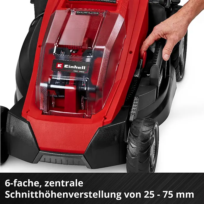 Einhell Power X-Change 18V Akku-Rasenmäher GE-CM 36/43 Li M - 18 V, 2 Akkus, 4 Ah, Schnittbreite: 43 cm - Roter und schwarzer Einhell Rasenmäher, Hand verstellt die 6-fache zentrale Schnitthöhe von 25-75mm.