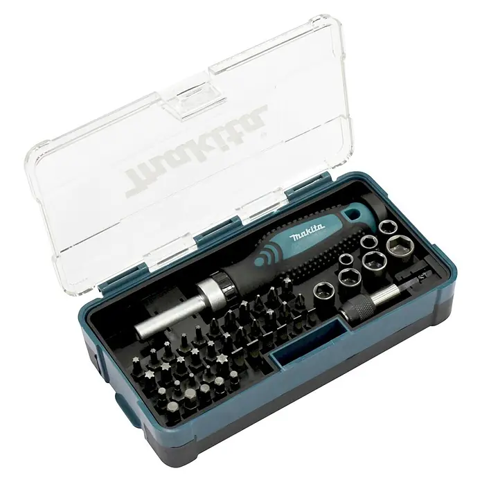 Makita Bit- & Ratschen-Set B-36170 - 47 -tlg. - Offenes Makita Schraubendreher-Set: schwarz-türkiser Griff, diverse Bits (Kreuz, Torx, Schlitz, Sechskant) und Nüsse in einer klaren, dunkelgrau/blauen Box.