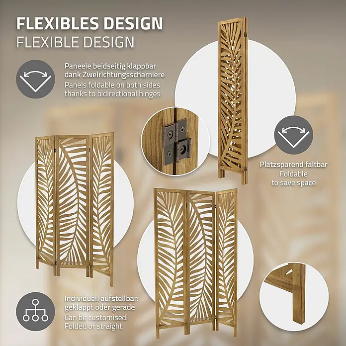 ML-Design Sichtschutzelement Raumtrenner 3-tlg Fukuoka Natur Holz freistehend Trennwand - Holz, Braun - Hölzerner Raumteiler mit Blattausschnitten, zeigt flexible Faltpaneele mit bidirektionalen Scharnieren für anpassbare, platzsparende Aufstellung.
