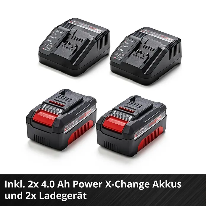 Einhell Power X-Change 18V Akku-Rasenmäher GE-CM 36/43 Li M - 18 V, 2 Akkus, 4 Ah, Schnittbreite: 43 cm - Zwei schwarze Ladegeräte und zwei schwarze Akkus mit roten Akzenten für das Power X-Change System von Einhell.