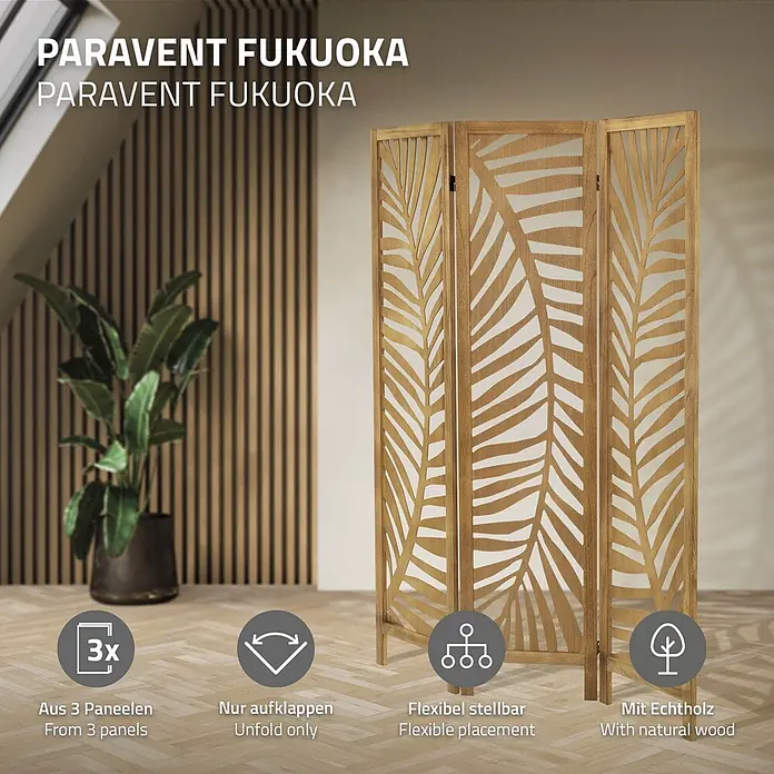ML-Design Sichtschutzelement Raumtrenner 3-tlg Fukuoka Natur Holz freistehend Trennwand - Holz, Braun - Ein dreiteiliger Holz-Paravent in Naturholzoptik mit Blättermuster-Ausschnitten. Flexibel positionierbarer Raumteiler.