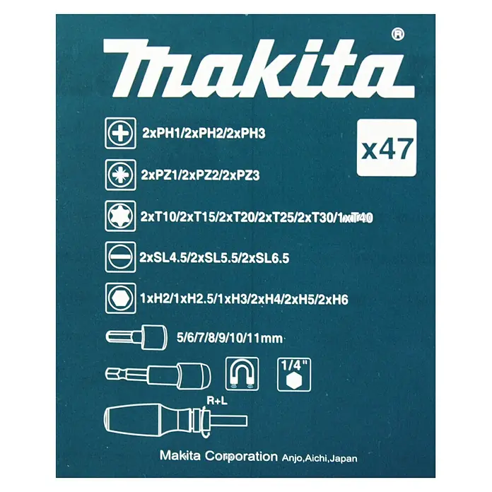 Makita Bit- & Ratschen-Set B-36170 - 47 -tlg. - Makita 47-teiliger Schraubendreher-Bit-Satz: Kreuz, Pozi, Torx, Schlitz, Sechskant-Bits, Steckschlüssel, magnetischer Halter, Treiber auf blaugrünem Grund.
