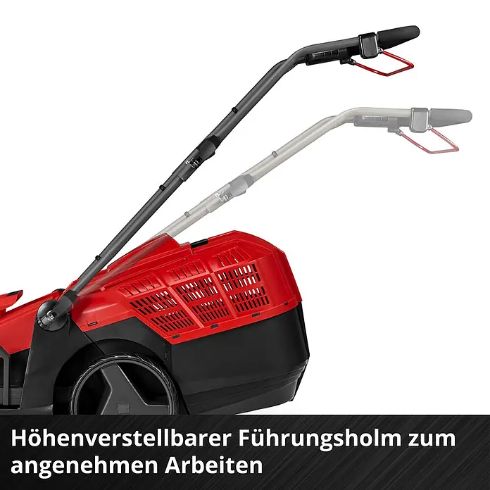 Einhell Power X-Change 18V Akku-Rasenmäher GE-CM 36/43 Li M - 18 V, 2 Akkus, 4 Ah, Schnittbreite: 43 cm - Rot-schwarzer Rasenmäher mit höhenverstellbarem Führungsholm für angenehmes Arbeiten.