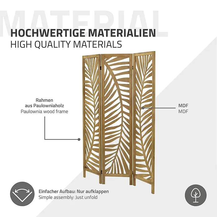 ML-Design Sichtschutzelement Raumtrenner 3-tlg Fukuoka Natur Holz freistehend Trennwand - Holz, Braun - Dreiteiliger Raumteiler aus Paulowniaholzrahmen und MDF-Platten mit Palmenblattmuster.