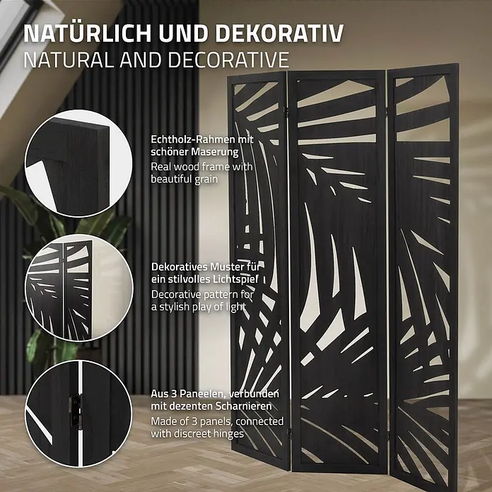 ML-Design Sichtschutzelement Raumtrenner 3-teilig Sapporo Schwarz freistehend Trennwand - Holz, Schwarz - Dreiteiliger Raumteiler aus dunklem Echtholz mit dekorativem Ausschnittmuster und Holzmaserung.