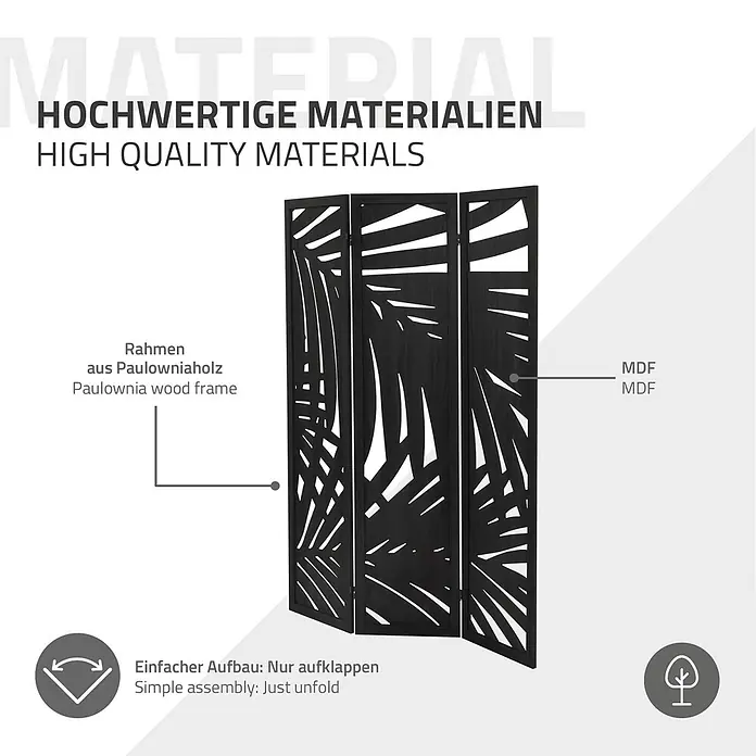 ML-Design Sichtschutzelement Raumtrenner 3-teilig Sapporo Schwarz freistehend Trennwand - Holz, Schwarz - Schwarzer dreiteiliger Raumteiler mit Paulowniaholzrahmen und MDF-Paneelen mit Blattausschnitten. Einfache Montage.