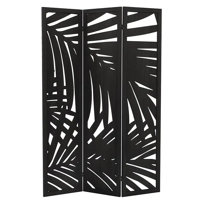 ML-Design Sichtschutzelement Raumtrenner 3-teilig Sapporo Schwarz freistehend Trennwand - Holz, Schwarz - Dreiteiliger schwarzer Holz-Raumteiler mit organischen Blattausschnitten.