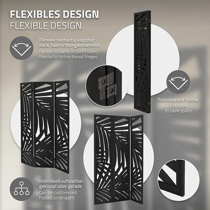 ML-Design Sichtschutzelement Raumtrenner 3-teilig Sapporo Schwarz freistehend Trennwand - Holz, Schwarz - Schwarzer Raumteiler mit Blattmuster, flexibel und faltbar, zeigt bidirektionale Scharniere und anpassbare Aufstellung.