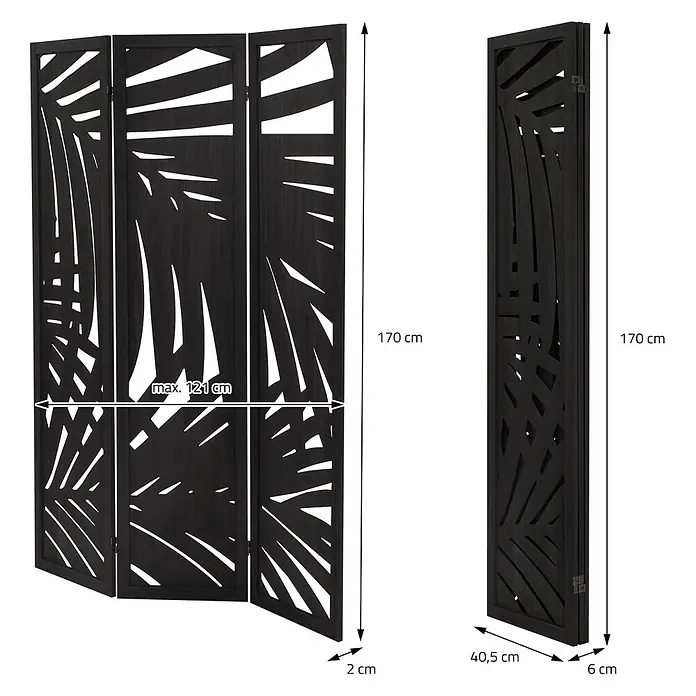 ML-Design Sichtschutzelement Raumtrenner 3-teilig Sapporo Schwarz freistehend Trennwand - Holz, Schwarz - Dunkler, faltbarer Raumteiler mit dekorativen Palmenblatt-Ausschnitten. Höhe 170 cm, max. Breite 121 cm.