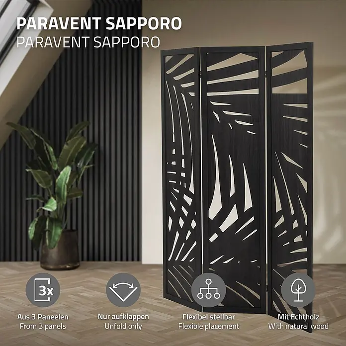 ML-Design Sichtschutzelement Raumtrenner 3-teilig Sapporo Schwarz freistehend Trennwand - Holz, Schwarz - Dunkler Holz-Paravent mit 3 Paneelen und Blattausschnitten in modernem Raum.