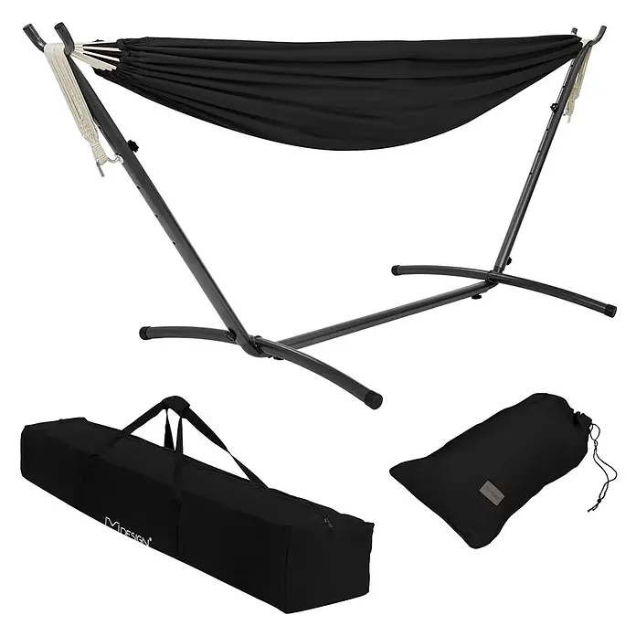 ML-Design Hängematte XXL Hängesessel Schwarz mit Tragetasche und Ständer für Garten/Balkon - Stahl, Schwarz, Passend für: Erholung, Lesen, Entspannen - Schwarze Stoffhängematte mit Metallgestell, gezeigt mit Tragetasche und Aufbewahrungsbeutel.