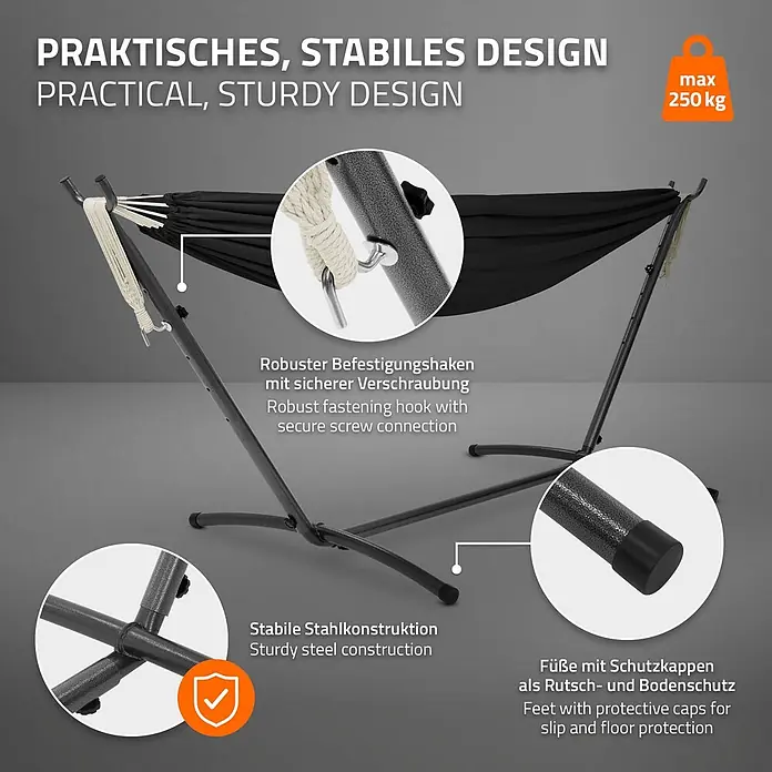 ML-Design Hängematte XXL Hängesessel Schwarz mit Tragetasche und Ständer für Garten/Balkon - Stahl, Schwarz, Passend für: Erholung, Lesen, Entspannen - Schwarzes Hängemattengestell aus Stahl mit Hängematte, robustem Design, 250 kg Tragkraft und Schutzkappen an den Füßen.