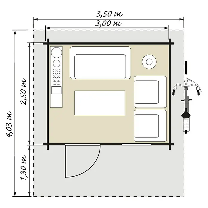 Kiehnholz Gartenhaus Stockholm - Außenmaß inkl. Dachüberstand (B x T): 340 x 393 cm, Holz, Natur - Grundriss eines Hauses mit Möbeln, einem Fahrrad an der Wand und einer Tür. Die Abmessungen sind ebenfalls angegeben.