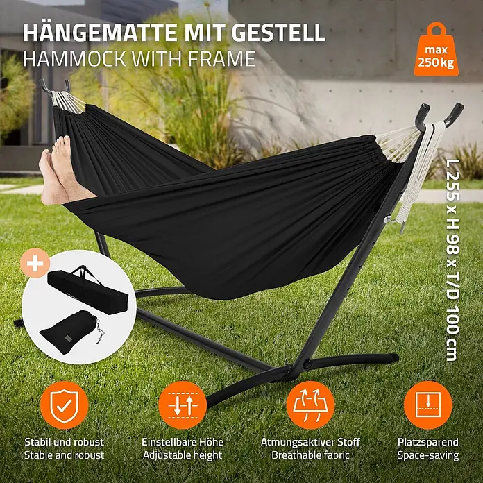 ML-Design Hängematte XXL Hängesessel Schwarz mit Tragetasche und Ständer für Garten/Balkon - Stahl, Schwarz, Passend für: Erholung, Lesen, Entspannen - Schwarze Hängematte mit Metallgestell, Person entspannt darin. Stabil, höhenverstellbar, atmungsaktiv, platzsparend, max 250 kg.
