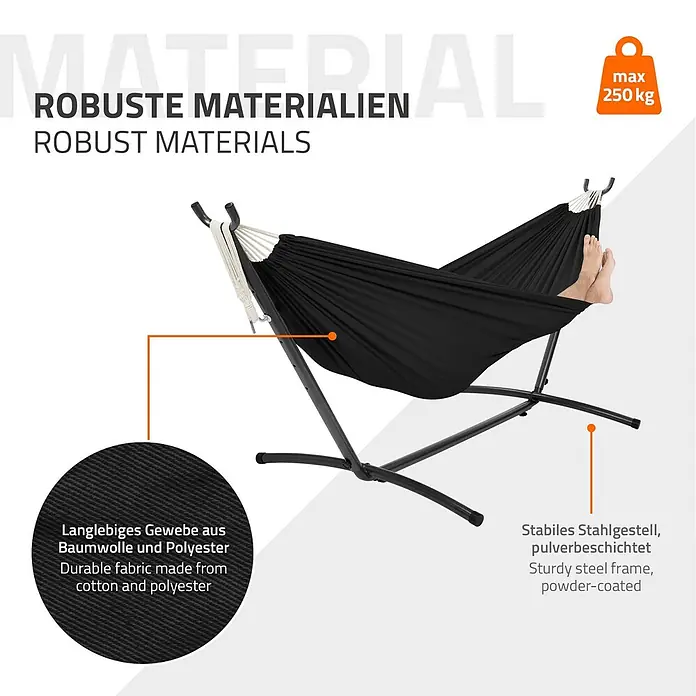 ML-Design Hängematte XXL Hängesessel Schwarz mit Tragetasche und Ständer für Garten/Balkon - Stahl, Schwarz, Passend für: Erholung, Lesen, Entspannen - Schwarze Stoffhängematte auf pulverbeschichtetem Stahlgestell mit Füßen, max. 250 kg.