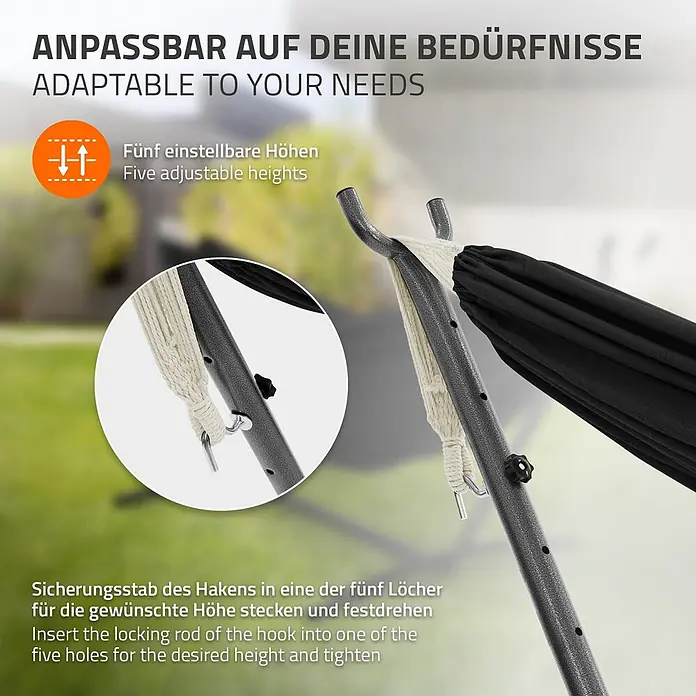ML-Design Hängematte XXL Hängesessel Schwarz mit Tragetasche und Ständer für Garten/Balkon - Stahl, Schwarz, Passend für: Erholung, Lesen, Entspannen - Gesprenkelter grauer Hängemattenständer mit fünf verstellbaren Höhen, sichert eine schwarze Hängematte per Haken.