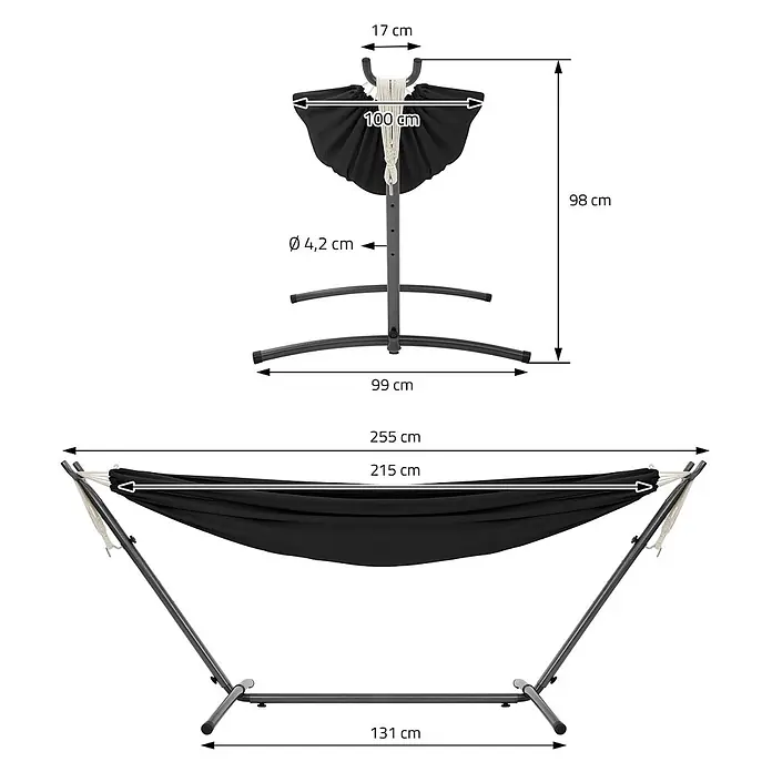 ML-Design Hängematte XXL Hängesessel Schwarz mit Tragetasche und Ständer für Garten/Balkon - Stahl, Schwarz, Passend für: Erholung, Lesen, Entspannen - Schwarze Hängematte mit grauem Metallgestell und Maßangaben.