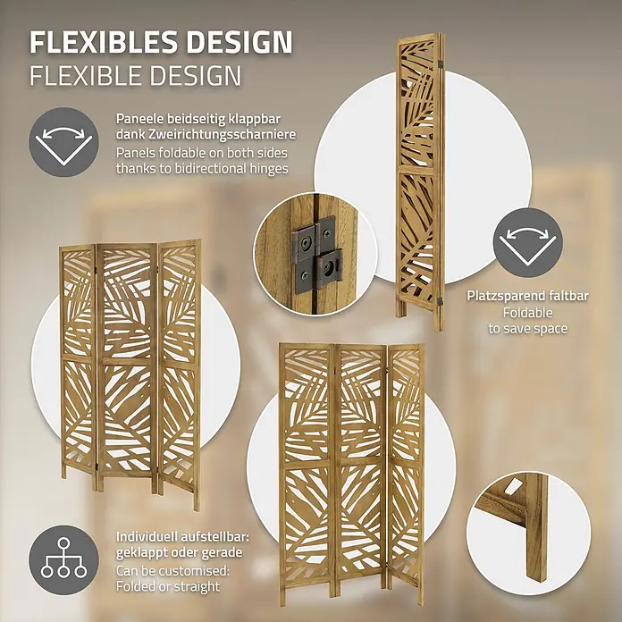 ML-Design Sichtschutzelement Raumtrenner 3-teilig Kyoto Natur Holz freistehend Trennwand - Holz, Braun - Heller Raumteiler aus Holz mit Blattschnittmuster, zeigt bidirektionale Scharniere und flexible, platzsparende Konfigurationen.