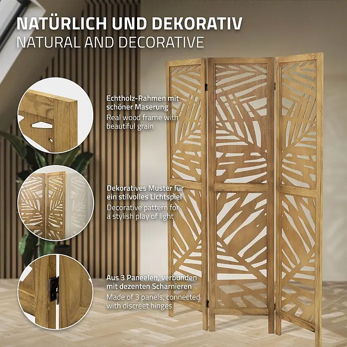 ML-Design Sichtschutzelement Raumtrenner 3-teilig Kyoto Natur Holz freistehend Trennwand - Holz, Braun - Ein dreiteiliger Holz-Raumteiler mit schöner Maserung und dekorativem Blättermuster.