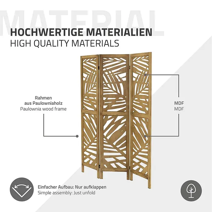 ML-Design Sichtschutzelement Raumtrenner 3-teilig Kyoto Natur Holz freistehend Trennwand - Holz, Braun - Dreiteiliger Paravent mit Paulownia-Holzrahmen und MDF-Platten mit ausgeschnittenem Blattmuster. Einfach aufzuklappen.