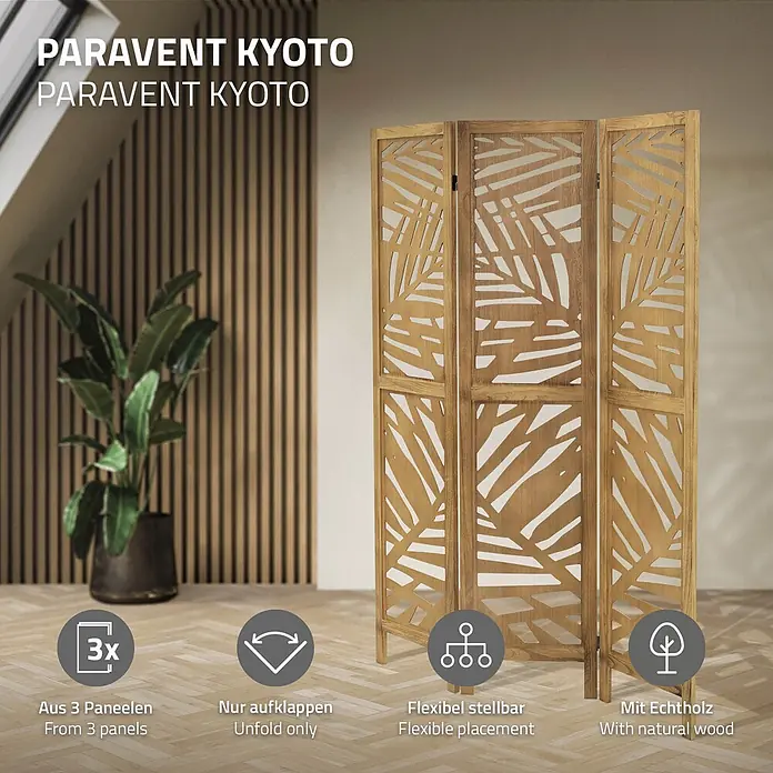ML-Design Sichtschutzelement Raumtrenner 3-teilig Kyoto Natur Holz freistehend Trennwand - Holz, Braun - Brauner 3-teiliger Paravent aus Naturholz mit Blättermuster.