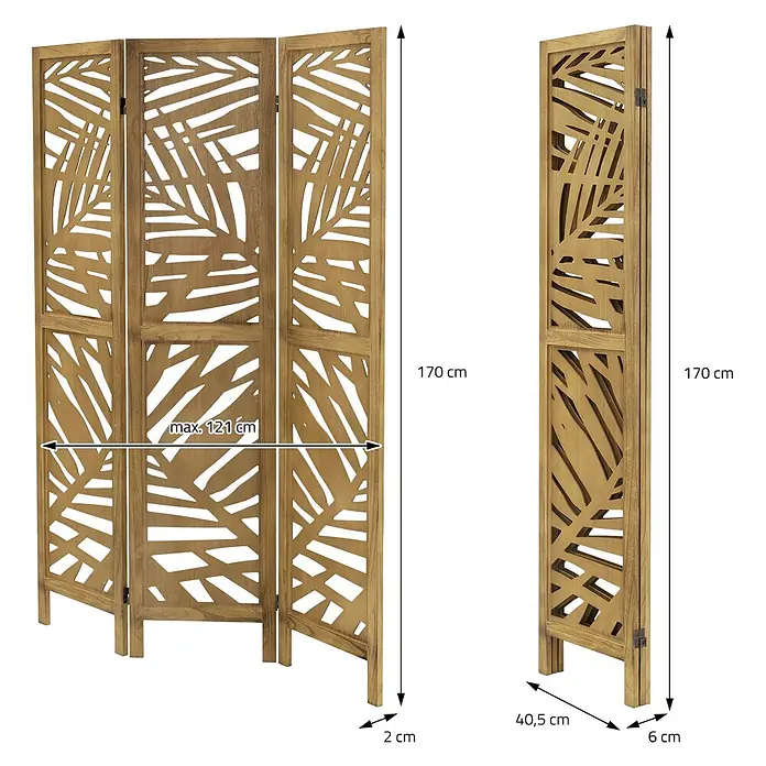 ML-Design Sichtschutzelement Raumtrenner 3-teilig Kyoto Natur Holz freistehend Trennwand - Holz, Braun - Brauner Raumteiler aus Holz mit dekorativen Palmenblatt-Ausschnitten, 170 cm hoch und max. 121 cm breit.