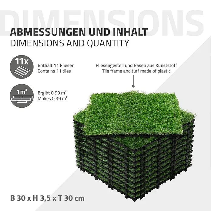 ML-Design Kunstrasen Bodenbelag 1m²/11 Stück Grasfliese Grasmatte Rasenteppich Outdoor - Grün - Stapel von 11 grünen Kunstrasenfliesen, je 30x30x3,5 cm, mit schwarzen Kunststoffrahmen. Sie bedecken insgesamt 0,99 m².
