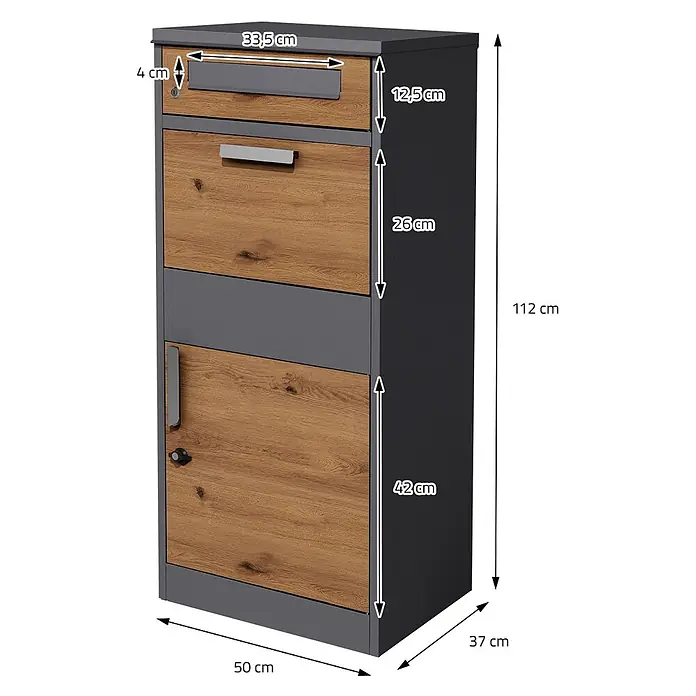 ML-Design Paketbox Paketkasten Anthrazit-Eiche Optik für Briefe Warensendungen - L x B x H: 37 x 50 x 112 cm, Anthrazit, Braun, Stahl - Hoher, dunkelgrauer Schrank mit Holzoptik-Fronten, Postschlitz, Schublade und Tür. Maße angegeben.