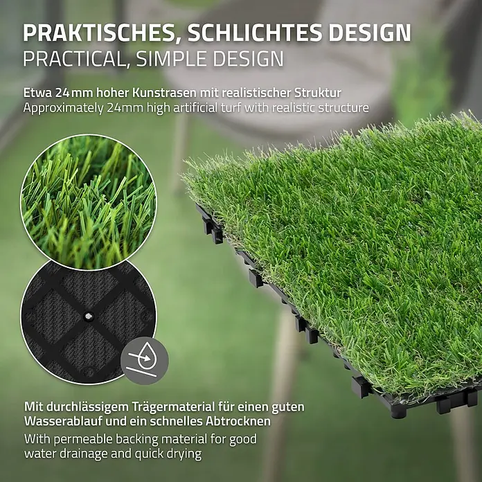 ML-Design Kunstrasen Bodenbelag 1m²/11 Stück Grasfliese Grasmatte Rasenteppich Outdoor - Grün - Kunstrasenfliesen mit grünen Halmen und schwarzem, wasserdurchlässigem Trägermaterial, zeigen 24mm Höhe und Drainage.