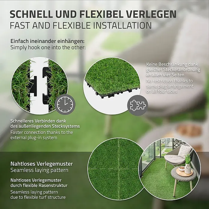 ML-Design Kunstrasen Bodenbelag 1m²/11 Stück Grasfliese Grasmatte Rasenteppich Outdoor - Grün - Kunstrasenplatten mit einfacher Verriegelungsinstallation, nahtlosem Aussehen und flexiblem Stecksystem.