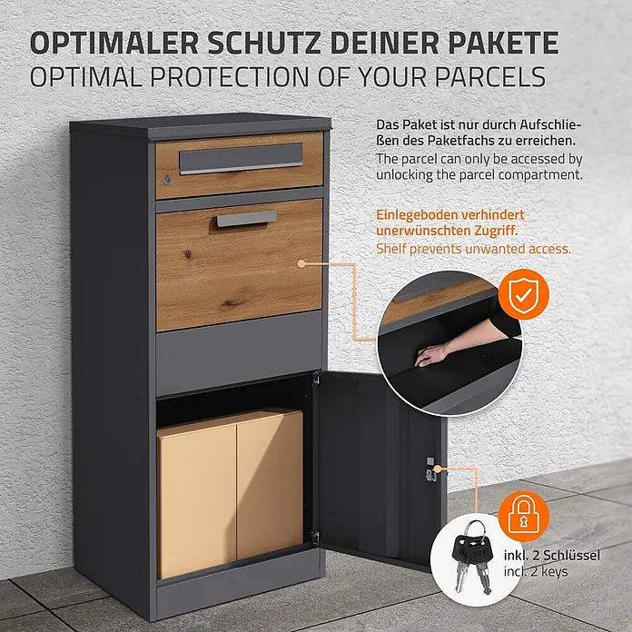 ML-Design Paketbox Paketkasten Anthrazit-Eiche Optik für Briefe Warensendungen - L x B x H: 37 x 50 x 112 cm, Anthrazit, Braun, Stahl - Dunkelgraue Paketbox in Holzoptik mit abschließbaren Fächern zur sicheren Paketaufbewahrung und -lieferung.