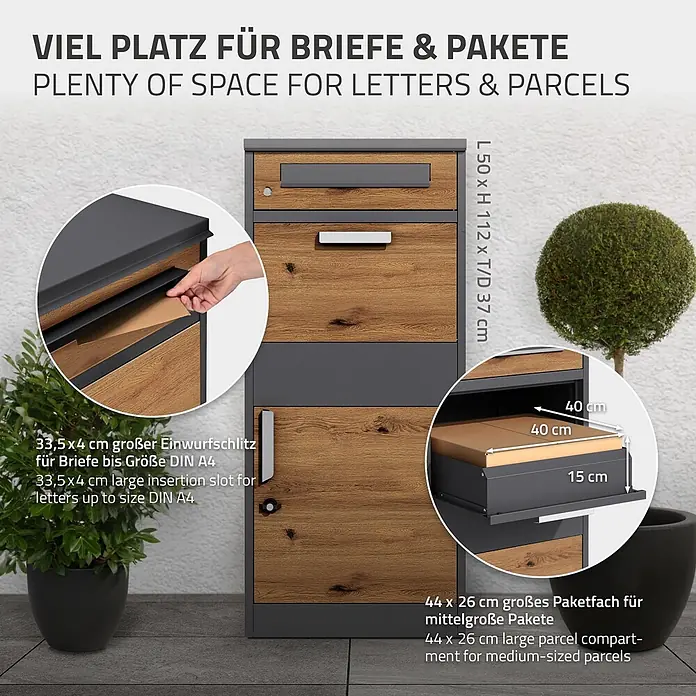 ML-Design Paketbox Paketkasten Anthrazit-Eiche Optik für Briefe Warensendungen - L x B x H: 37 x 50 x 112 cm, Anthrazit, Braun, Stahl - Dunkelgrauer Paketbriefkasten in Holzoptik mit Briefschlitz und großem Fach für Pakete. Maße: 50x112x37 cm.