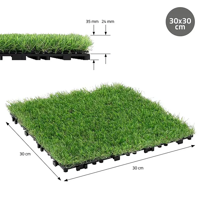 ML-Design Kunstrasen Bodenbelag 1m²/11 Stück Grasfliese Grasmatte Rasenteppich Outdoor - Grün - Grünes Kunstrasen-Klickfliese, 30x30 cm, 24mm Grashöhe, 35mm Gesamthöhe.