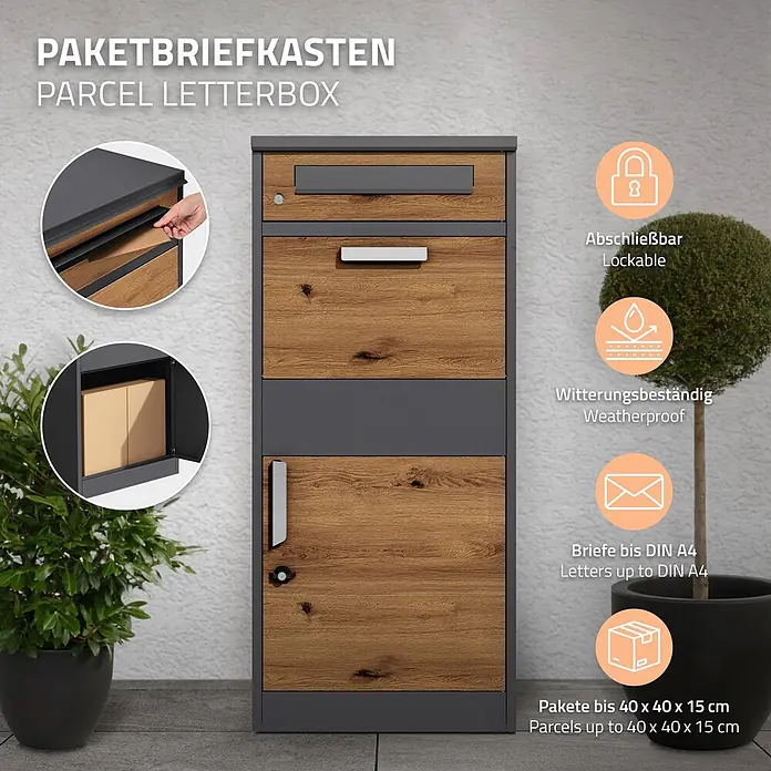 ML-Design Paketbox Paketkasten Anthrazit-Eiche Optik für Briefe Warensendungen - L x B x H: 37 x 50 x 112 cm, Anthrazit, Braun, Stahl - Zweifarbiger Paketbriefkasten mit grauem Rahmen und Holzoptik-Paneelen, mit Briefschlitz, Paketfach, Schloss und Witterungsbeständigkeit.