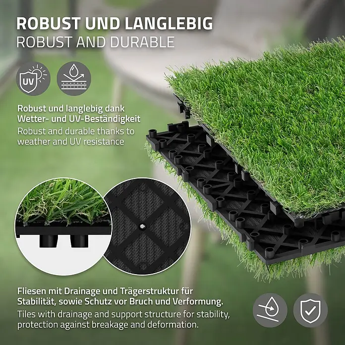 ML-Design Kunstrasen Bodenbelag 1m²/11 Stück Grasfliese Grasmatte Rasenteppich Outdoor - Grün - Kunstrasenfliesen mit grünem Rasen und schwarzer Drainage-Unterkonstruktion. Robust, UV- und wetterbeständig.