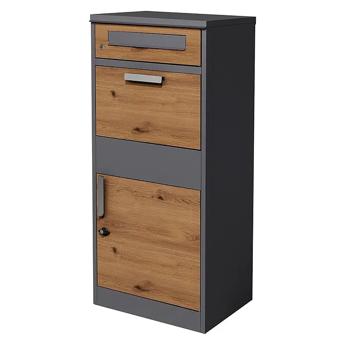 ML-Design Paketbox Paketkasten Anthrazit-Eiche Optik für Briefe Warensendungen - L x B x H: 37 x 50 x 112 cm, Anthrazit, Braun, Stahl - Moderner dunkelgrauer Metall- und Holzoptik-Schrank mit Briefschlitz und Fächern.