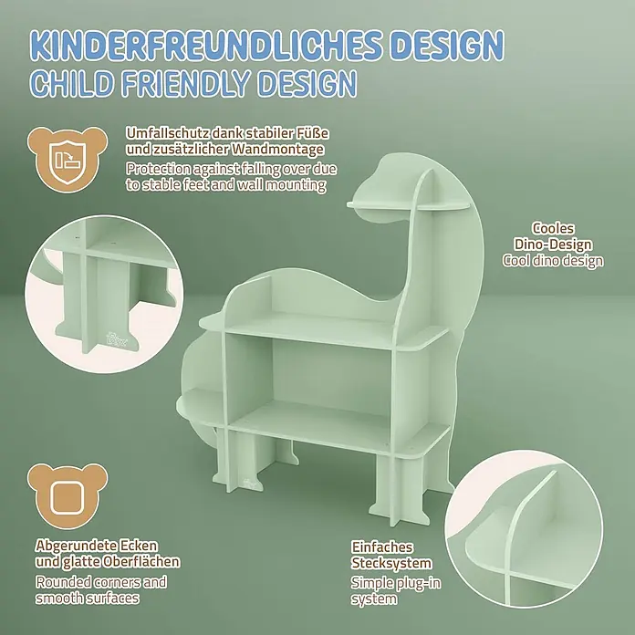 ECD Germany Holzregal Dino Bücherregal mit 3 Ebenen MDF -  - Hellgrünes, kinderfreundliches Dinosaurier-Bücherregal mit mehreren Fächern, abgerundeten Ecken und stabilen Füßen.