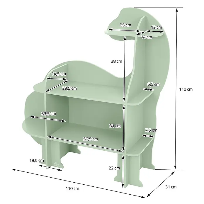ECD Germany Holzregal Dino Bücherregal mit 3 Ebenen MDF -  - Hellgrünes, dinosaurierförmiges Kinderregal mit mehreren Ablagen, 110 cm hoch, 110 cm breit und 31 cm tief.