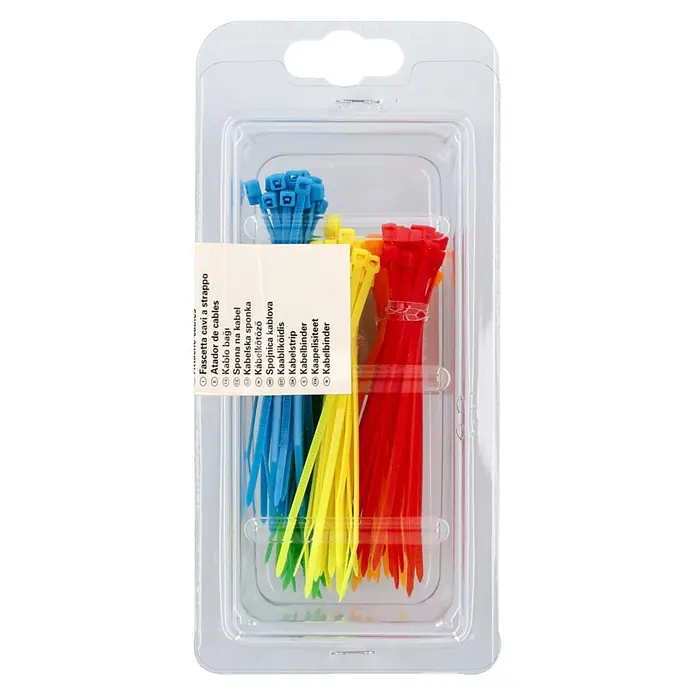 Voltomat Kabelbinder-Set - B x L: 25 x 100 mm, Kunststoff, Bunt - Verschiedenfarbige Kabelbinder (blau, gelb, rot, grün) in einer transparenten Blisterverpackung mit mehrsprachigem Etikett.