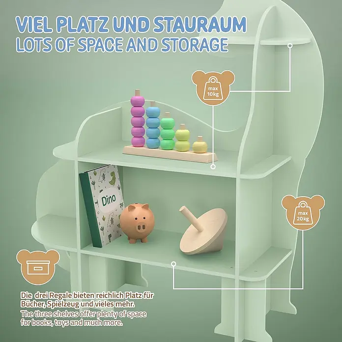 ECD Germany Holzregal Dino Bücherregal mit 3 Ebenen MDF -  - Hellgrünes Bücherregal aus Holz in Dinosaurierform mit drei Ablagen für Bücher und Spielzeug.
