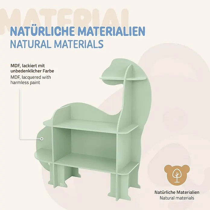 ECD Germany Holzregal Dino Bücherregal mit 3 Ebenen MDF -  - Hellgrünes dinosaurierförmiges MDF-Regal, lackiert mit unbedenklicher Farbe.