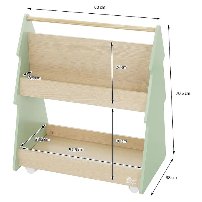 ECD Germany Holzregal Tanne Bücherregal mit 3 Ablagen & 4 Rollen MDF / Kiefer -  - Hellgrünes und naturfarbenes Kinderregal auf Rollen mit zwei Fächern und einer Aufbewahrungsbox.