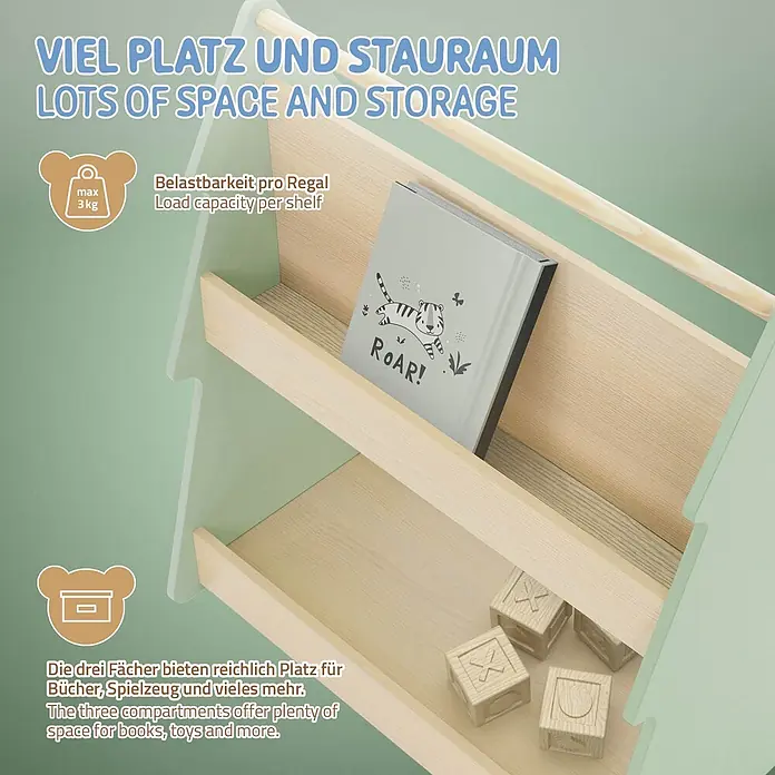 ECD Germany Holzregal Tanne Bücherregal mit 3 Ablagen & 4 Rollen MDF / Kiefer -  - Hellgrünes und natürliches Holzkinderregal mit drei Fächern, das ein Buch und Holzklötze enthält. Jedes Regal hat eine maximale Tragfähigkeit von 3 kg.