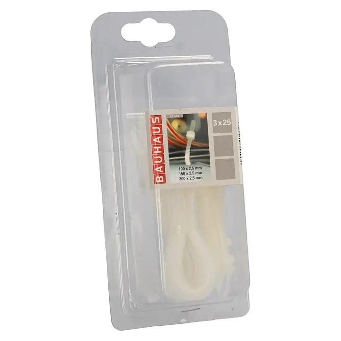 Voltomat Kabelbinder-Set 25 x 100 mm, 25 x 150 mm, 25 200 mm - Kunststoff, Natur - Transparente Blisterverpackung mit naturfarbenen Bauhaus Kabelbindern. Etikett zeigt Größen (100, 150, 200 x 2,5 mm) und Menge (3x25).